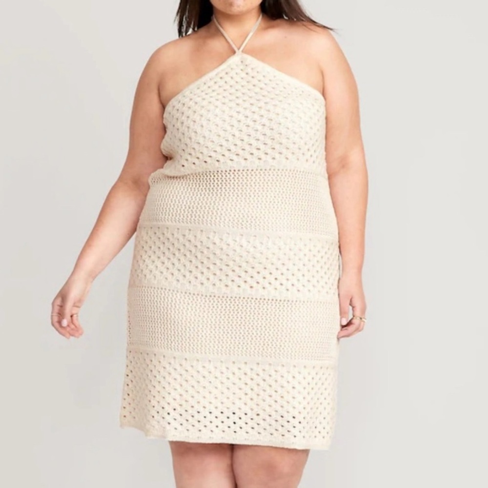 Old Navy NWT Halter Tie-Strap Crochet Mini Dress for Women In Ivory, Size Large